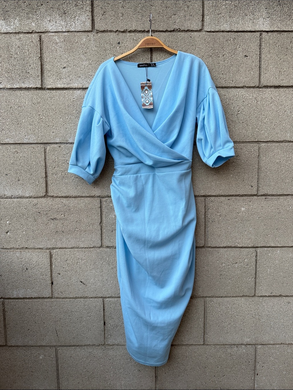 NWT. Sky Blue Wrap-Front Midi Dress